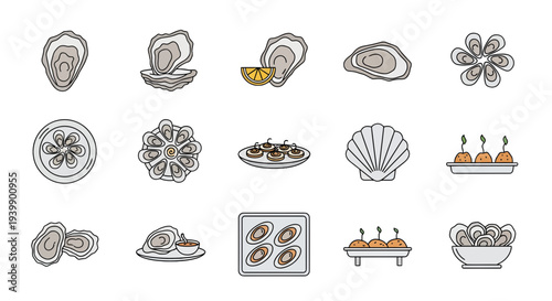 Oyster and Seafood Icon Set, Raw Shellfish, Gourmet Appetizer and Cooked Oysters Vector Illustration