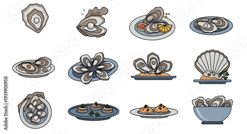 Oyster Seafood Collection Vector Illustration Set - Raw Oysters with Pearl, Platter with Lemon, and Gourmet Shellfish Appetizers in Flat Line Art Style