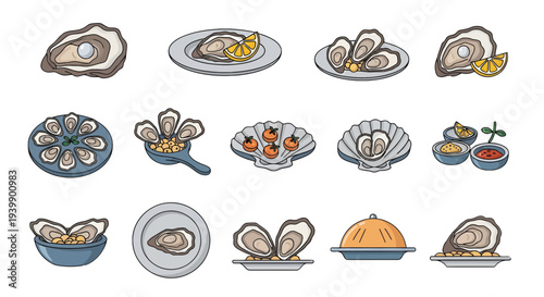 Fresh Oyster Seafood Set Illustration with Sauce, Pearl, and Lemon on Plates