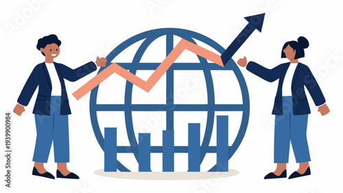 Business professionals analyzing global market trends with optimism