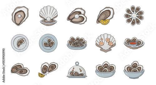 Oyster and Seafood Icon Set, Raw Shellfish with Pearl, Lemon, and Dipping Sauce Vector Illustration