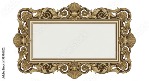 Ornate golden baroque frame with floral and shell motifs, isolated on white background