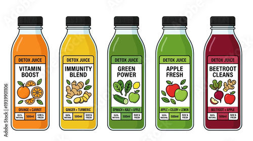 Flat vector illustration of colorful detox juice bottles with labels showing lemon, mint, cucumber, and berries