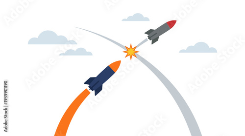 Minimalist flat vector illustration depicting missiles colliding with each other.