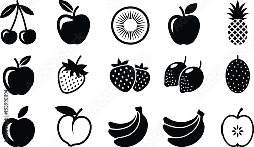 Fruit silhouette icon illustration showing cherries, apples, kiwi, pineapple, strawberry, mango, peach, banana, passion fruit, and sliced apple.