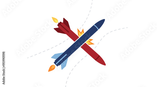 Minimalist flat vector illustration depicting missiles colliding with each other.