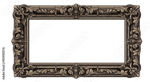 Antique ornate picture frame, baroque style, decorative border, isolated on white background