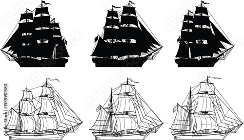 Historic sailing ship vector illustration set with silhouettes and detailed line drawings, tall ships with sails, rigging, nautical maritime artwork