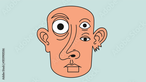 Distorted Cartoon Face with Uneven Eyes.