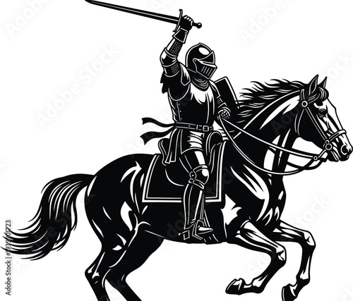 Medieval knight vector illustration with raised sword, armored rider on galloping horse, chivalry, warfare, heroic fantasy silhouette artwork for historical themes