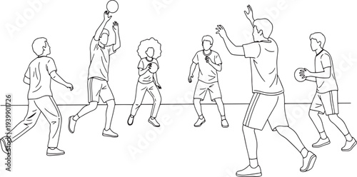 Active group of diverse young people playing competitive team sports game together during outdoor gym physical education class hand-drawn vector illustration doodle art