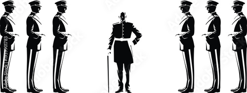 Military officer silhouette illustration showing formal inspection, leadership authority, soldiers in formation, discipline, hierarchy, teamwork, and commanding presence concept.