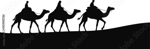 Minimalist black silhouette vector illustration of camel caravan with riders traveling across desert landscape, cultural journey, traditional nomadic trade route.