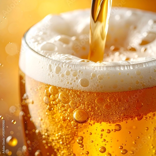 A glass of beer being poured with foam and bubbles