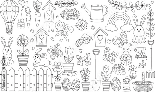 
Gemini said
Spring gardening and easter celebration elements with cute bunnies flowers birdhouses butterflies nature and garden tools hand drawn vector illustration doodle art
