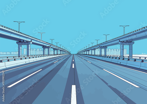 Road runs straight ahead with bridges on either side. Clear blue sky and buildings appear in the background during daytime.