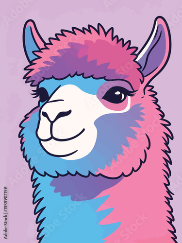 A cartoon llama looks directly at the viewer with bright colors and a friendly expression. The background is a smooth solid color.