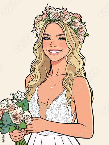 A bride stands and smiles while holding a bouquet of flowers. She wears a white dress and a floral crown.