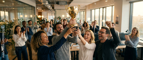 Excited business team celebrating success with a golden trophy in office.