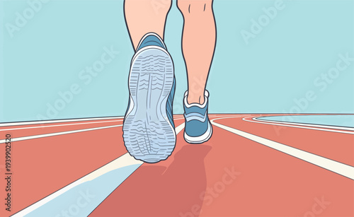 A person is running on a track. The sun is shining, and the track has clear lanes. The runner wears blue shoes.