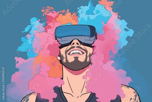 A man enjoys a virtual reality session with a headset while vibrant smoke swirls around him. He smiles as he explores the digital world.