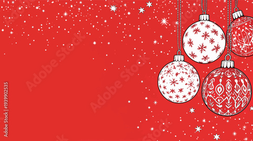 Four round ornaments hang from the top against a red background filled with white stars, creating a festive holiday scene.