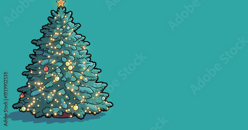 A Christmas tree stands on a light blue background. The tree is decorated with colorful ornaments and glowing lights.
