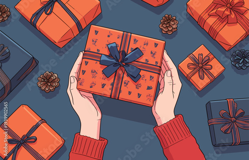 A person is holding an orange gift box with a dark ribbon in a scene filled with more wrapped gifts and pine cones.