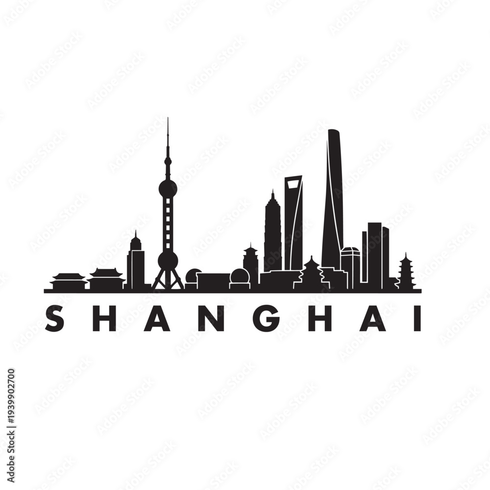 Obraz premium Shanghai Skyline Silhouette with Oriental Pearl Tower – Minimal City Vector Icon
