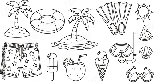 Summer beach vacation elements with tropical palm trees swimming gear sun and delicious ice cream treats hand-drawn vector illustration doodle art