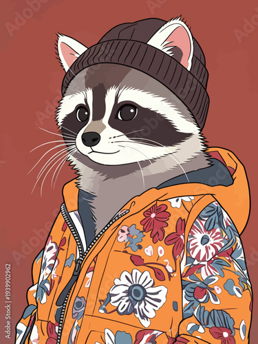 A cartoon raccoon dressed in a colorful floral jacket and a beanie smiles while standing in front of a solid red background.
