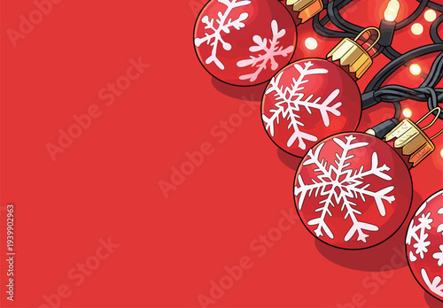 Red ornaments with snowflake designs hang from a string of lights on a bright red background, celebrating the holiday spirit.