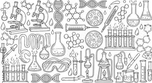 Large collection of science laboratory equipment chemistry research tools biology icons and medical experiment supplies in a hand drawn vector illustration doodle art