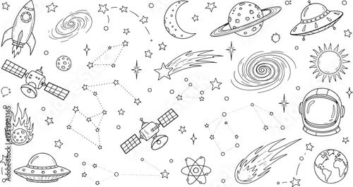 Outer Space Universe Galaxy Planets Stars Rockets Satellites Astronauts and Aliens Doodle Collection in Black and White Outline hand-drawn vector illustration doodle art