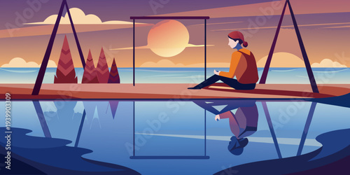 Self Portrait on Swing Set in Reflection on Salton Sea Californi