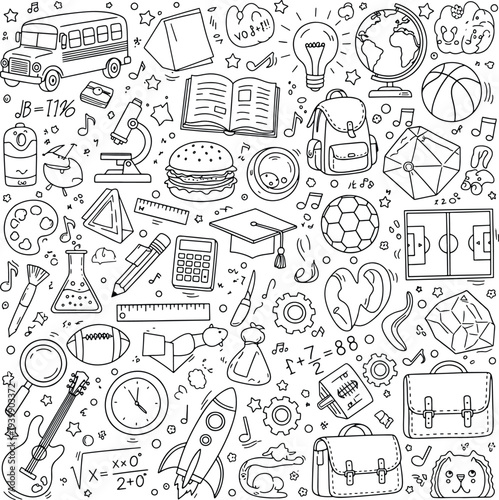 Comprehensive back to school education and creative science hobbies collection featuring sports music and academic learning hand drawn vector illustration doodle art