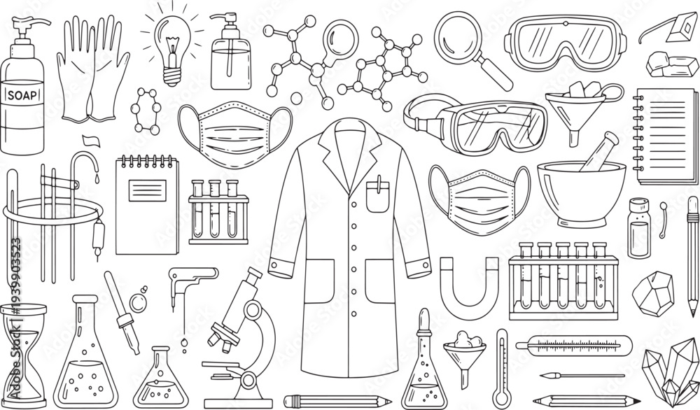 Obraz premium Comprehensive collection of science laboratory equipment and chemistry research tools featuring lab coat microscope test tubes and goggles hand-drawn vector illustration doodle art