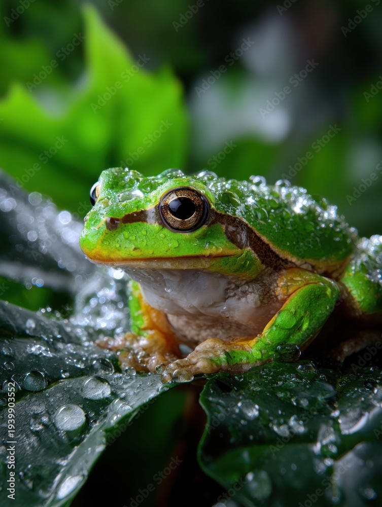 Fototapeta premium A vibrant green tree frog sitting on a wet leaf,