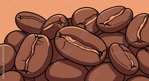 Several coffee beans are placed close to each other against a light background, showing their rich texture and shape.