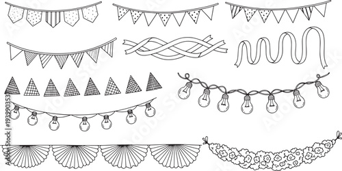 Doodle party bunting banners celebration hanging light bulbs ribbons streamers floral garlands and decorative festive event hand-drawn vector illustration set