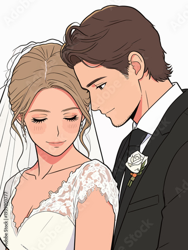 A bride and groom stand close together, ready to exchange vows at their wedding. They smile softly and share a tender moment.