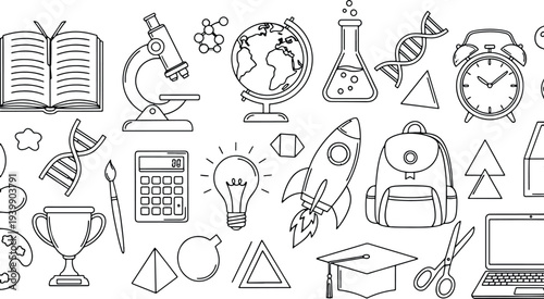 Education and science school supplies back to school research laboratory study tools collection elements hand drawn vector illustration doodle art