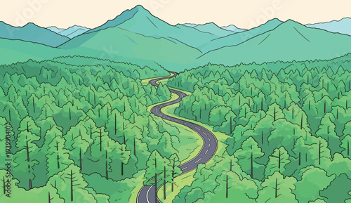 A road curves through a dense green forest with mountains in the distance under a clear sky. It shows nature and travel together.