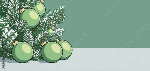 Decorated Christmas tree has green ornaments hanging on branches against a light green background. The setting is festive and cheerful.