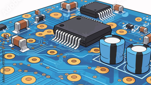 A close view shows a printed circuit board with black chips, blue capacitors, and various electronic parts on a blue background.