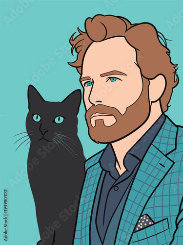A man with a beard is standing next to a black cat, both looking forward in a bright blue background. They share a calm moment together.