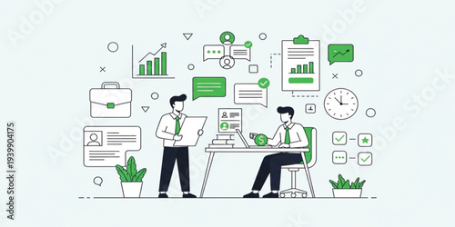 Business Team Reviewing Financial Reports and Analytics with Charts Documents and Office Workflow Management Concept Illustration
