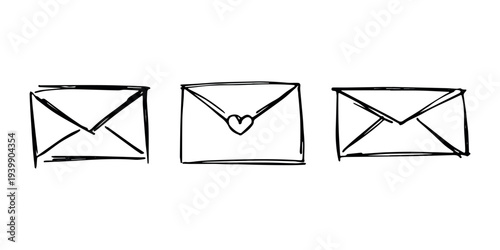 Set of hand drawn envelope with letter inside Mail and correspondence doodle Love, communication, invitation Single element for design, print, decor