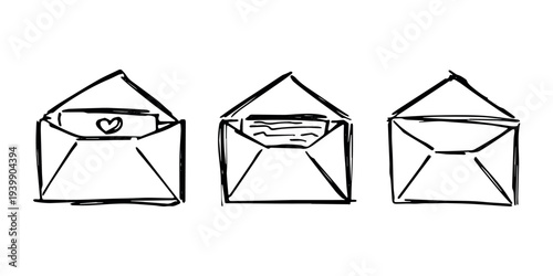 Set of hand drawn envelope with letter inside Mail and correspondence doodle Love, communication, invitation Single element for design, print, decor