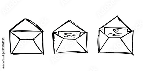 Set of hand drawn envelope with letter inside Mail and correspondence doodle Love, communication, invitation Single element for design, print, decor